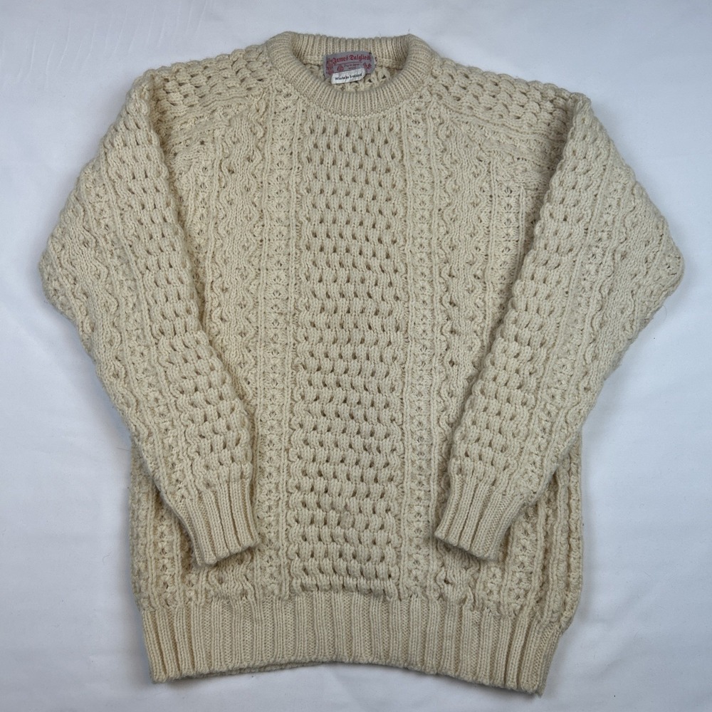 VTG James Dalgliesh Fisherman Wool Sweater Mens Size 42 Ivory Knit Ireland Ivory
